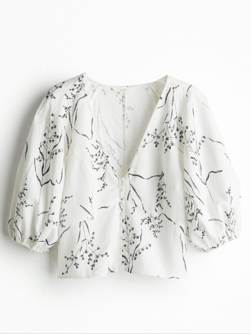 Women's H&M Linen Blend V-neck Blouse Raglan Balloon Sleeve Sz Small Boho-chic